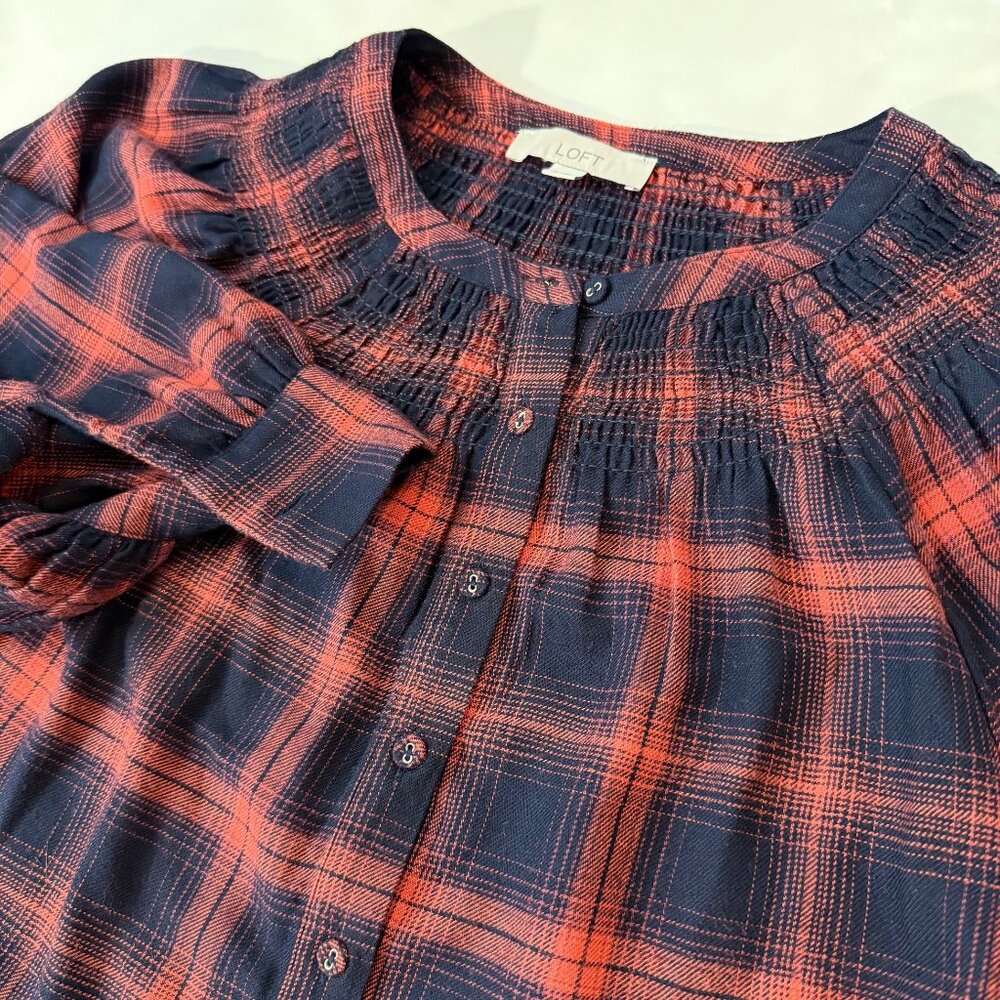Women's LOFT Red Black Checks Puffy Long Sleeve Blouse Shirt